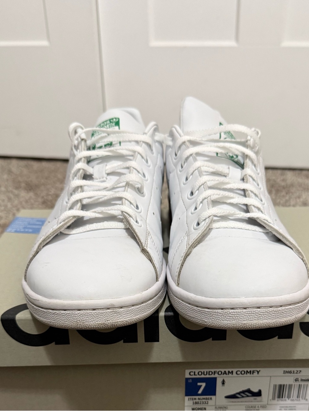 adidas White Stan Smith Sneakers with Green Tongue Logo